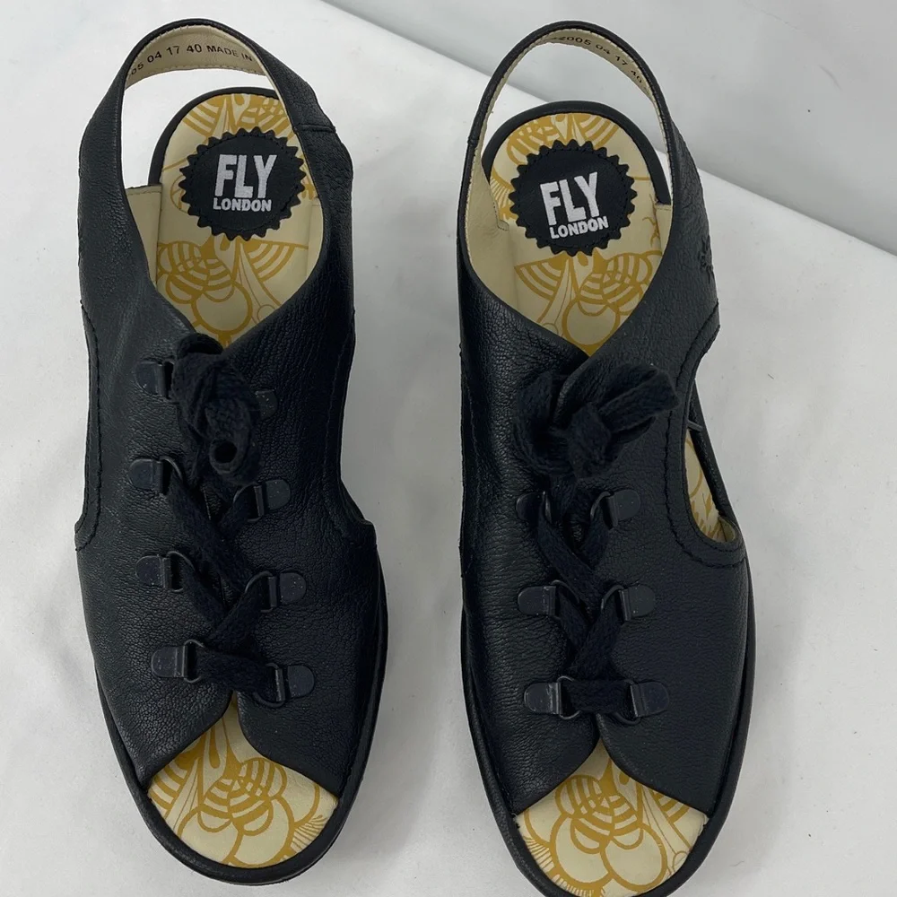 FLY LONDON SIZE 40 Black Women's Wedge Sandals Lace up OPEN TOE MADE IN INDIA